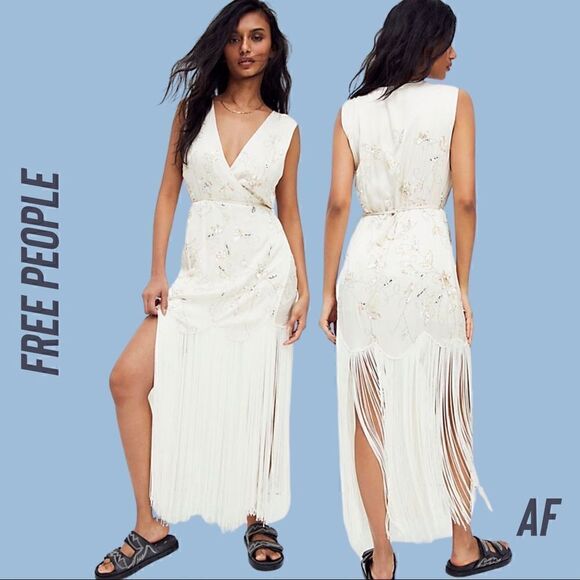 FREE PEOPLE MODERN MUSE FLAPPER GYPSY FRINGE DRESS IVORY NWT SMALL - Picture 3 of 11